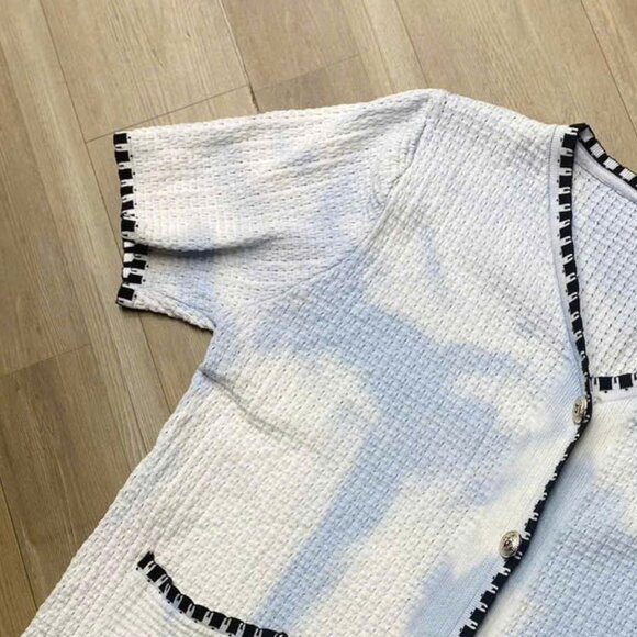 V Neck Short Sleeve Tweed Cardigan with Striped Trim - Picture 4 of 4